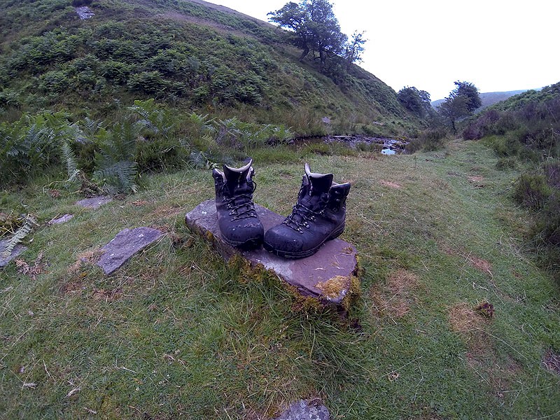 Image of the author's Raichle MT Trail GTX boots perched on a flat rock just before another long day in the Brecon Beacons.