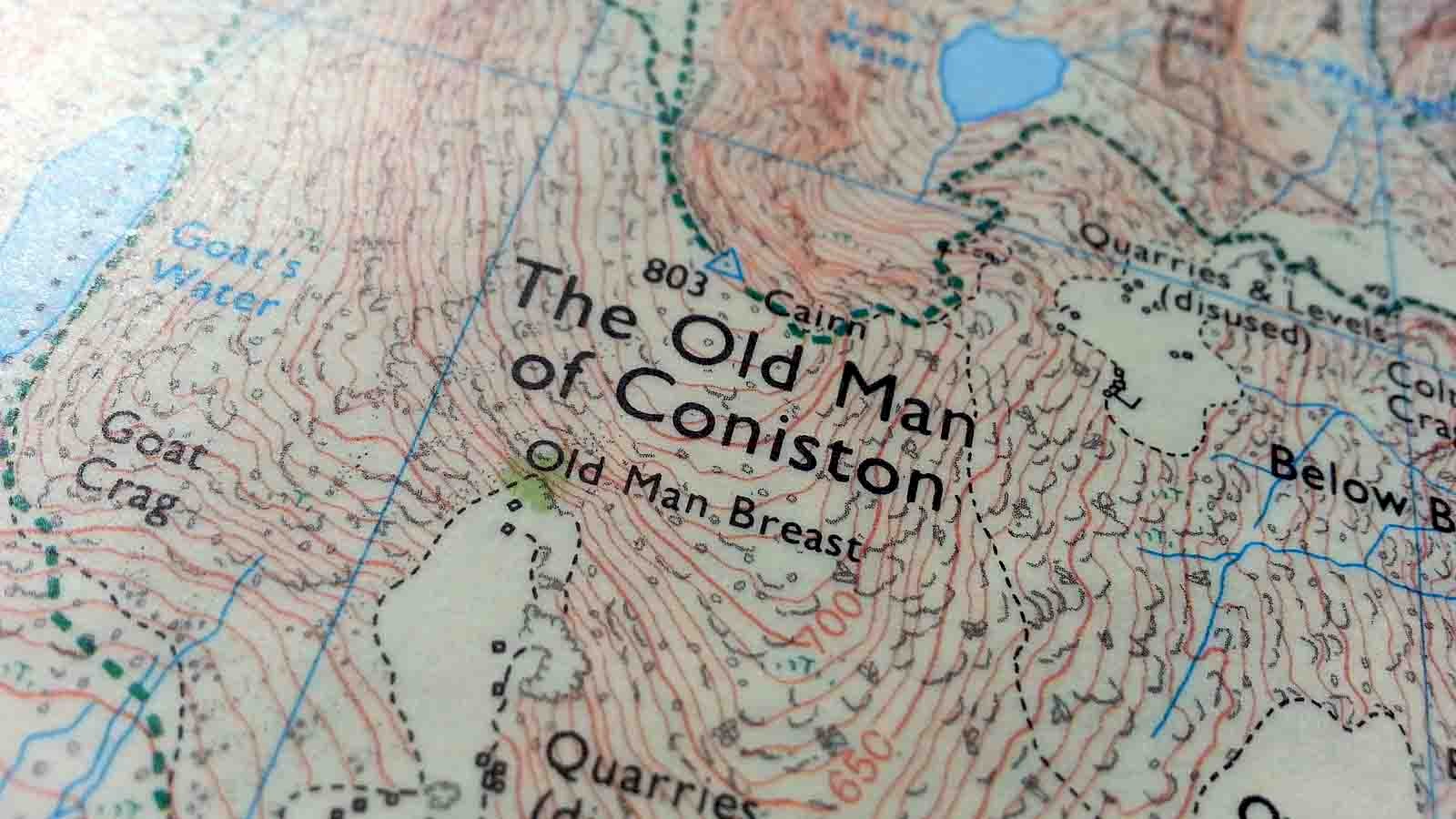 Close up of the beautifully crafted OS Explorer map covering The Old Man of Coniston.