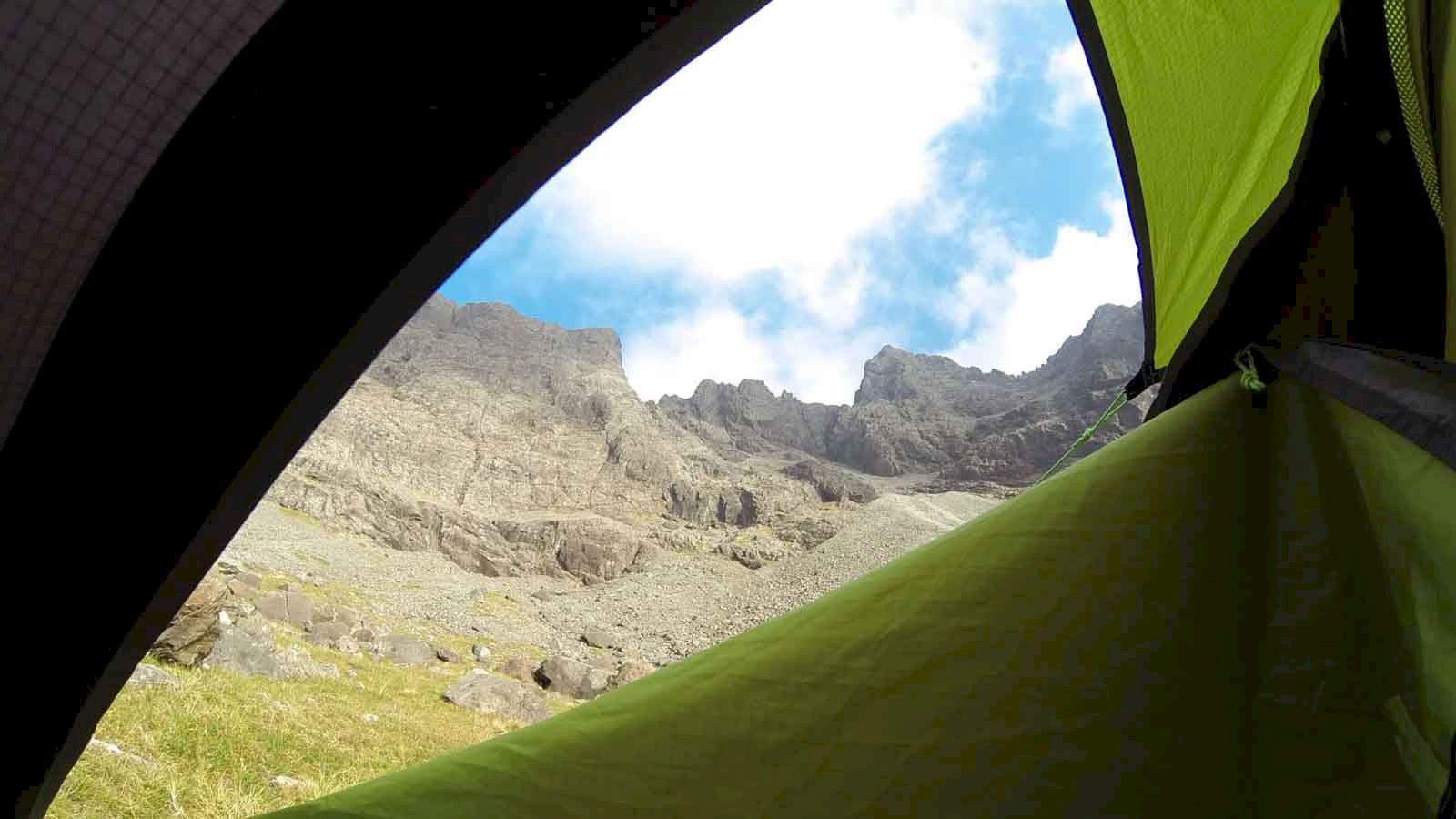 Picture taken out of the inside of a green and black tent of Sgurr Alasdair in the Cuillin Hills on the Isle of Skye.