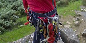 The DMM Super Couloir mountaineering harness racked for a hard scramble.
