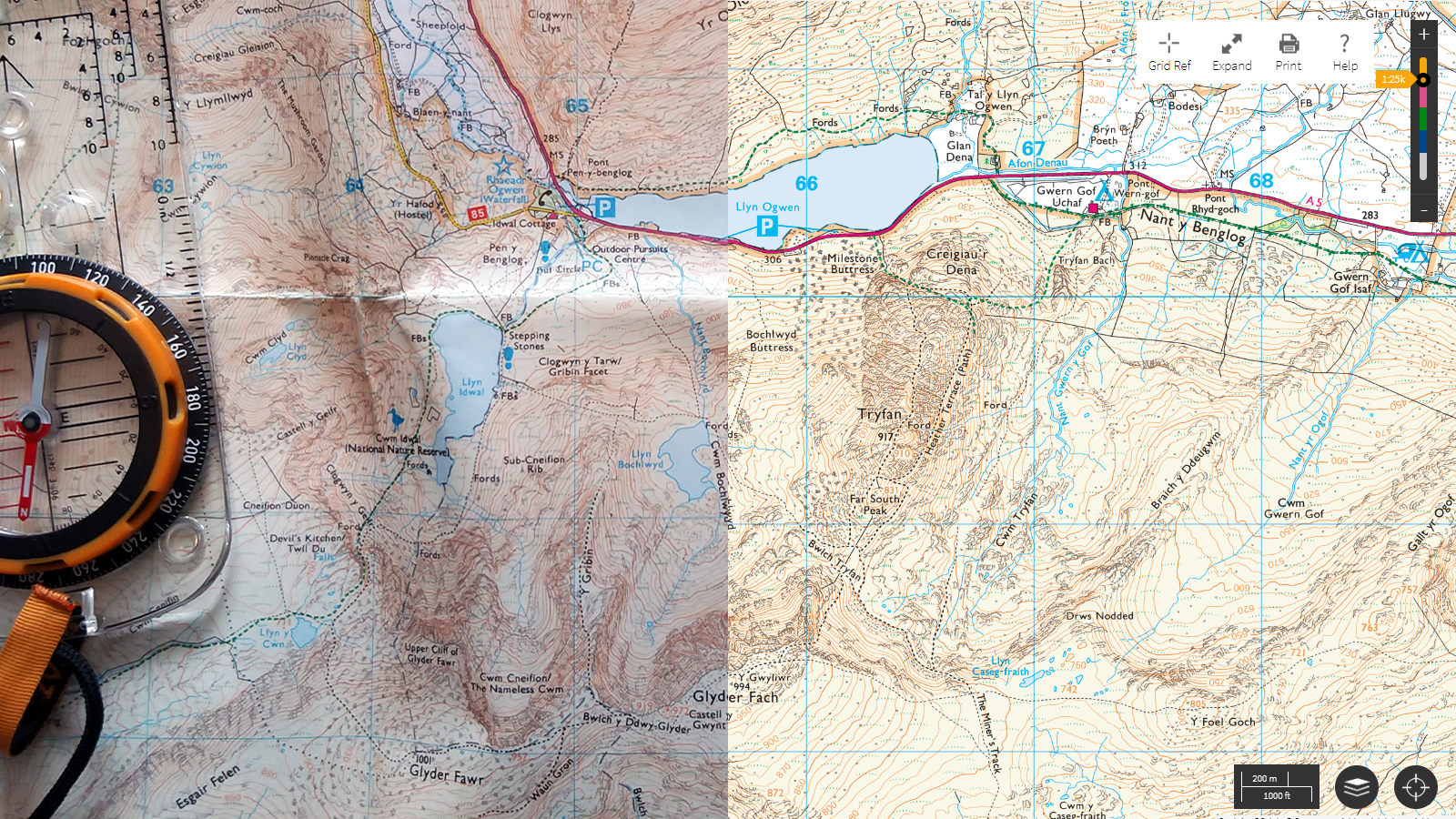 Picture showing half of a paper map with compass and half of a digital map with typical map controls.